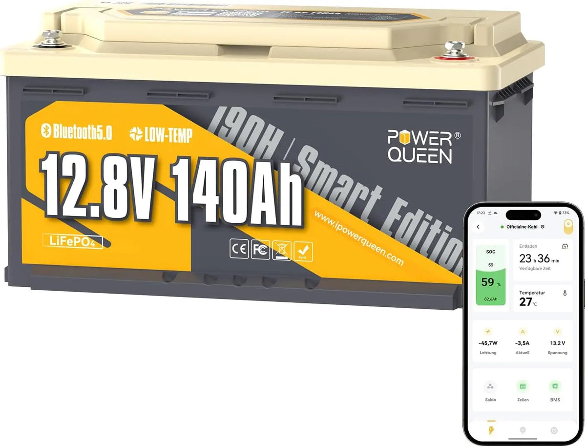 Power Queen 12V 140Ah H190 Batterie Lithium Bluetooth pour Camping-Car – 28,7 kWh, gris/blanc