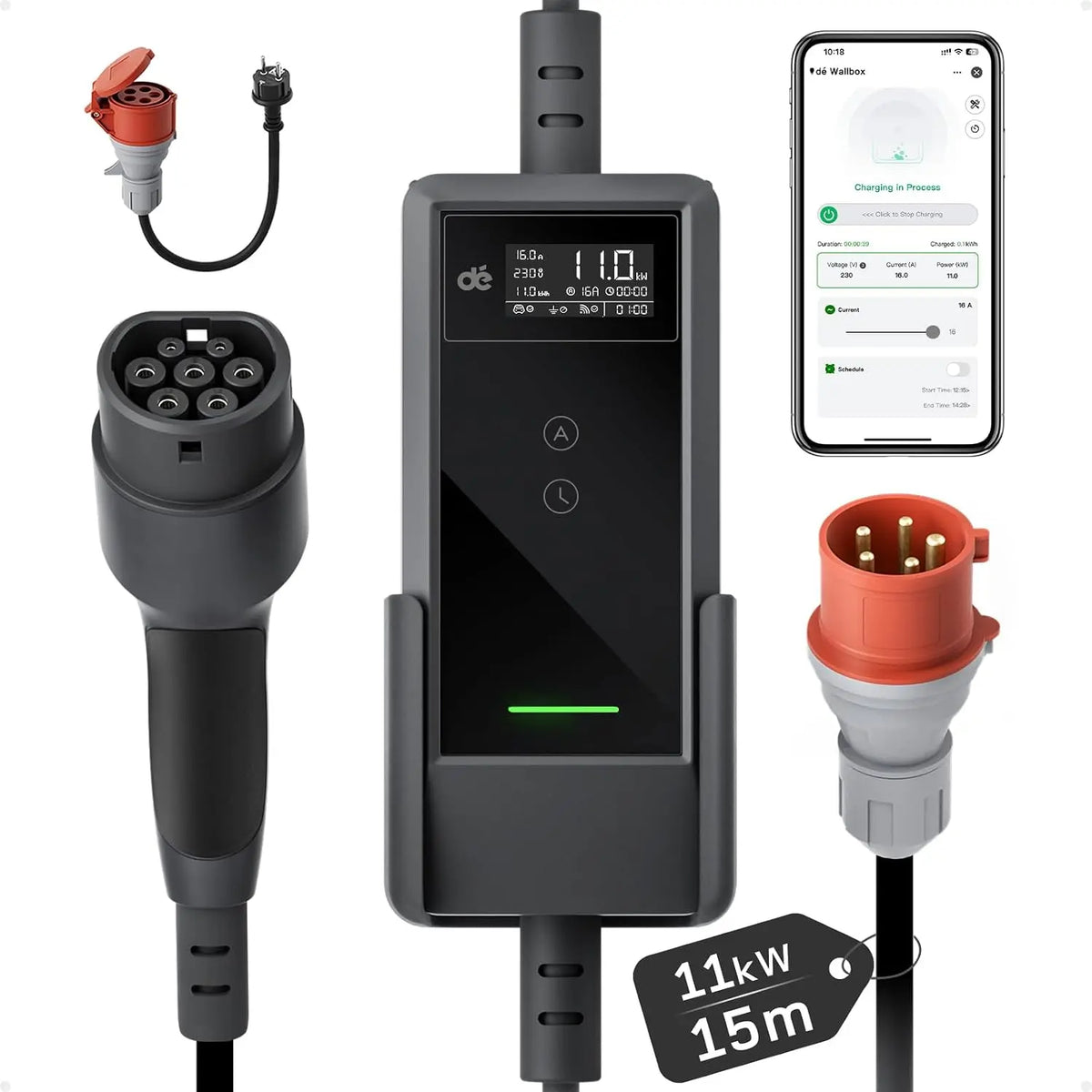 Dé Wallbox Mobile 11 kW avec application [15 m – 2,4 GHz / 5 GHz, gris/noir