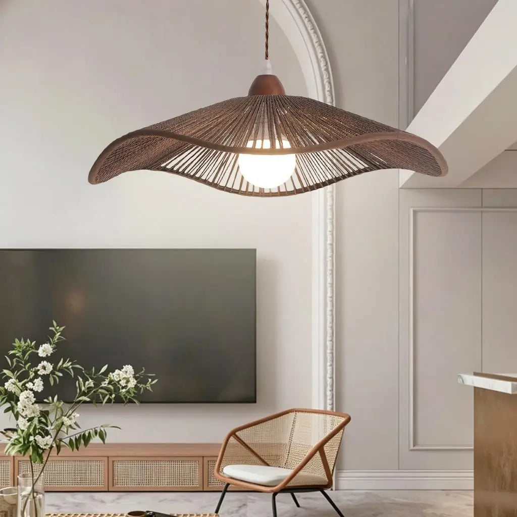 JOJOM Lampe tissée à la main Marron de Noyer Lustre au look bohème Corde de Chanvre suspension luminaire