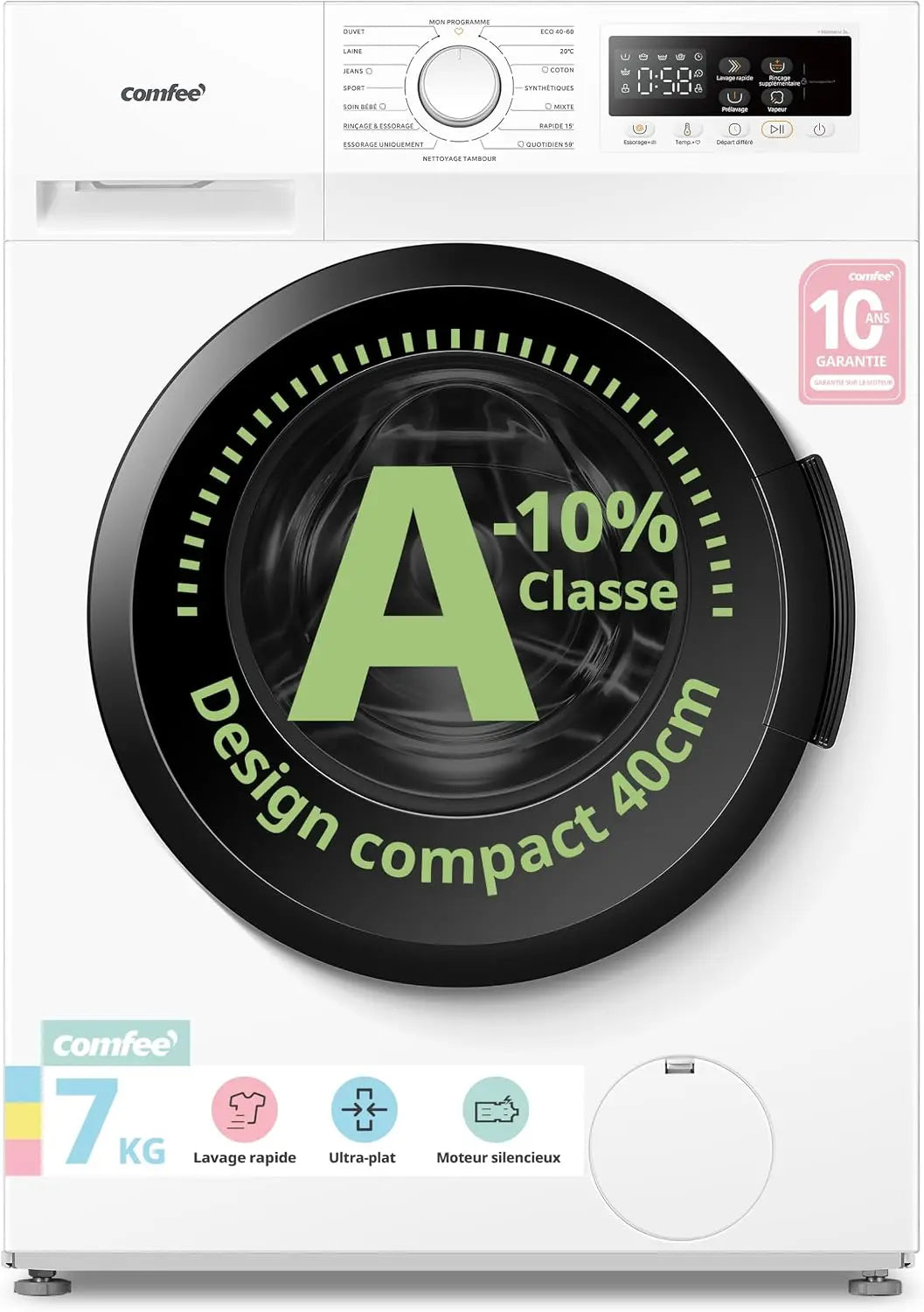 COMFEE' Machine a Laver 7KG Ultra Slim 40cm Classe A-10% 1200RPM CFP01EW70W – noir/gris