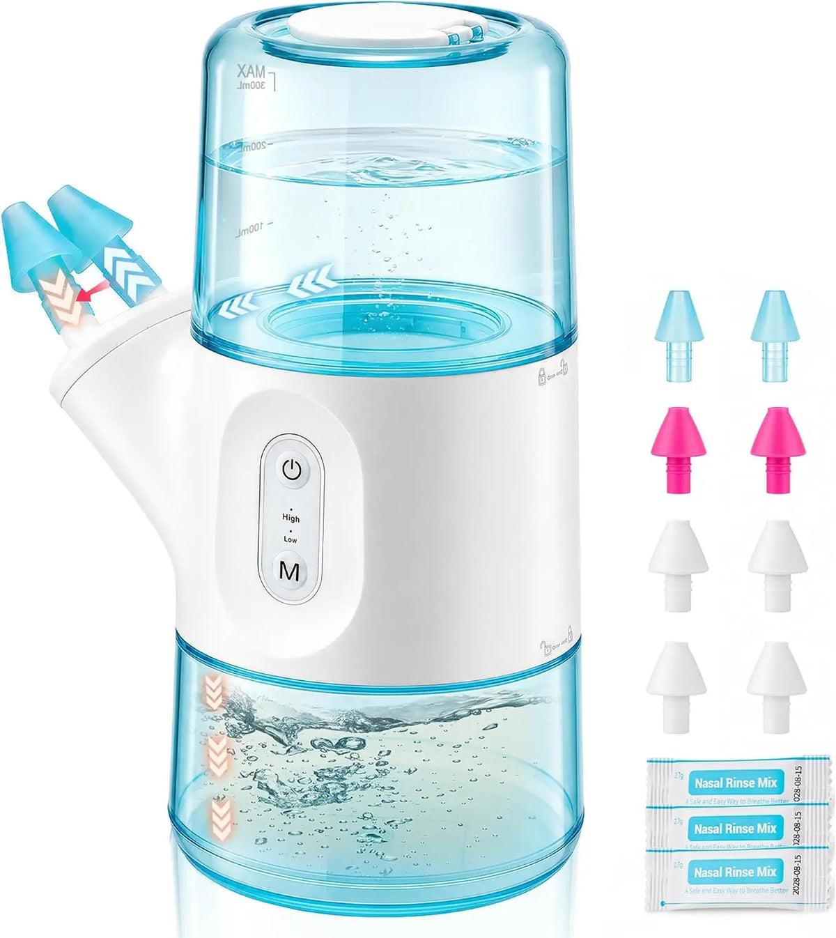 Irrigateur Nasal portable Double Réservoir D'eau de 300 ml – 2800 mAh / 800 mAh, blanc/bleu/gris