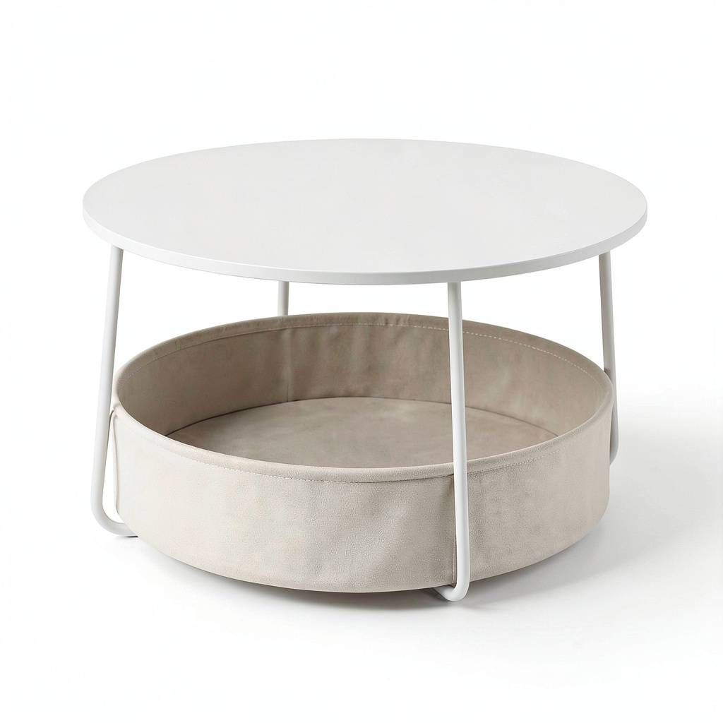Table basse, avec rangement, avec étagères, en panneaux de bois et métal, coloris blanc, pour le salon