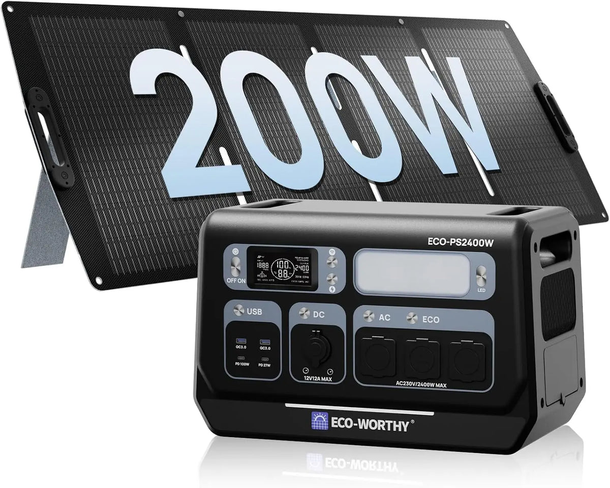ECO-WORTHY PS2400 Generateur Electrique portable avec Panneau Solaire 200W – 2048 Wh, gris/noir