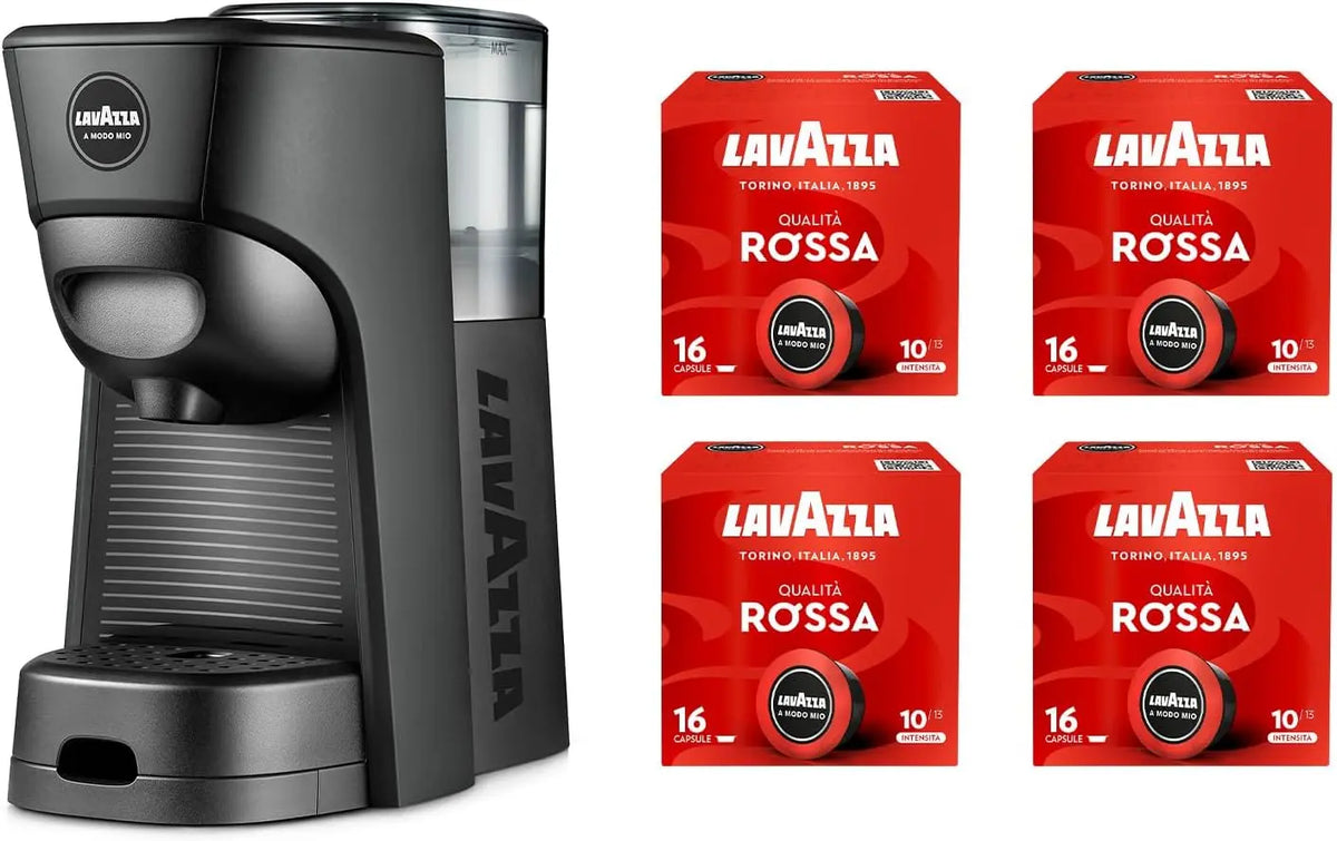 Lavazza A Modo Mio Tiny Machine à café noire avec 64 capsules de qualité rouges incluses – 1450 W, 0,6 l, 60 Hz