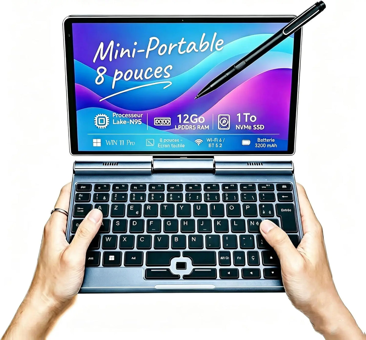 Mini Ordinateur portable 2 en 1 Tactile – 12 Go / 1 To, noir